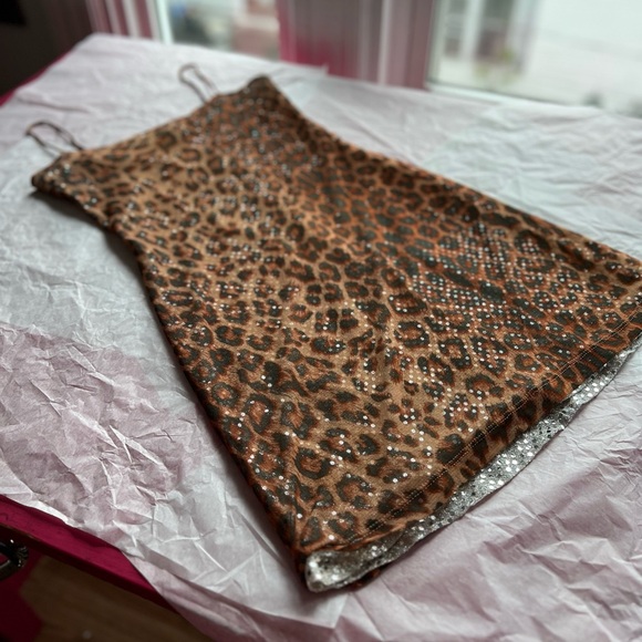 EUC VTG 80s leopard sequin slip dress S dbl layer spaghetti straps sheer silver - Picture 10 of 13
